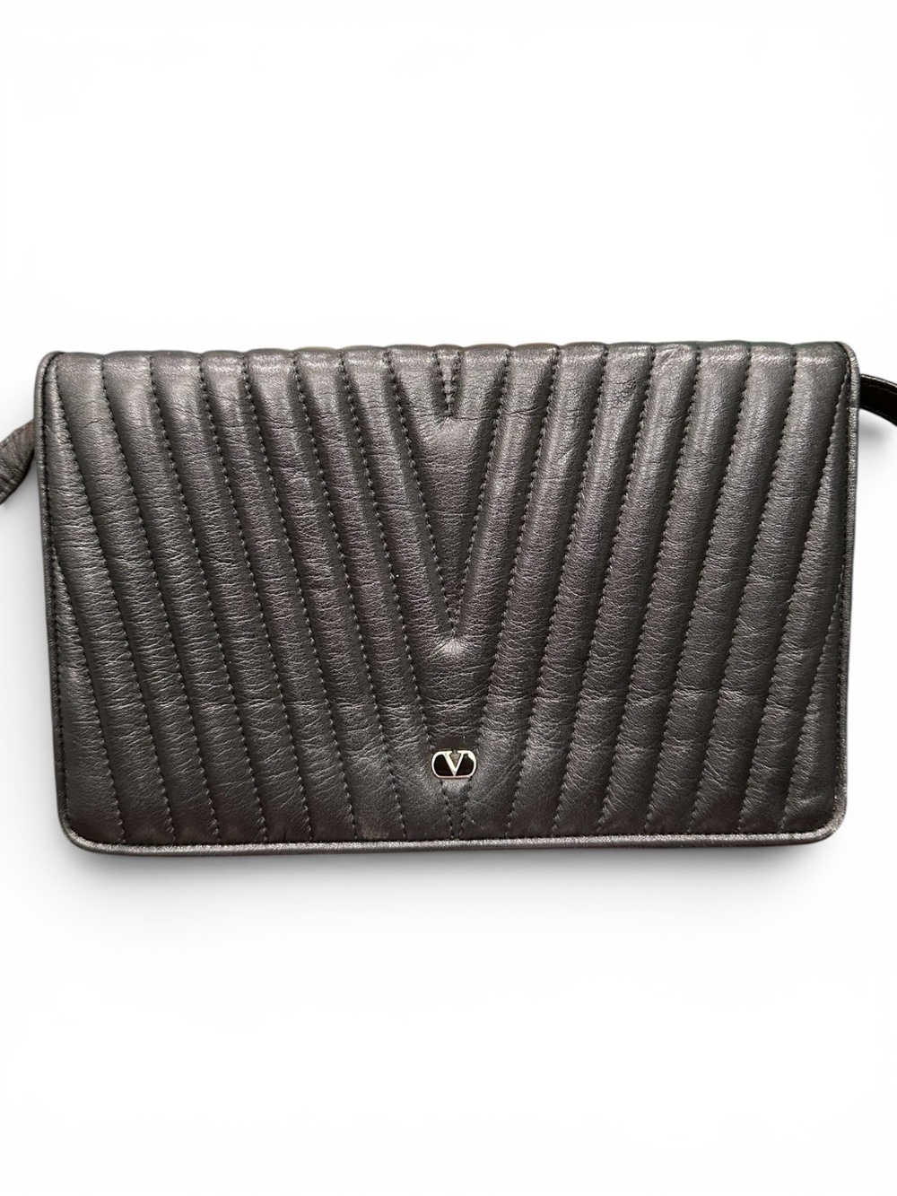 Vintage Valentino Garavani Black Lambskin Quilted Crossbody Bag Clutch V Logo